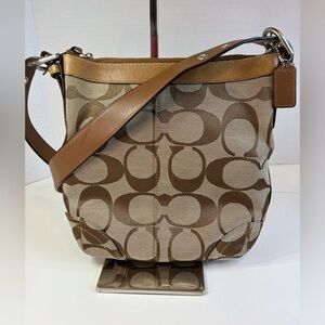 Authentic! Coach Brown & Tan Crossbody w/Leather Trim & Purple Interior